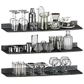 Modern Glass Tableware Set with Cups Bottles Goblets and Jars on Display Shelves