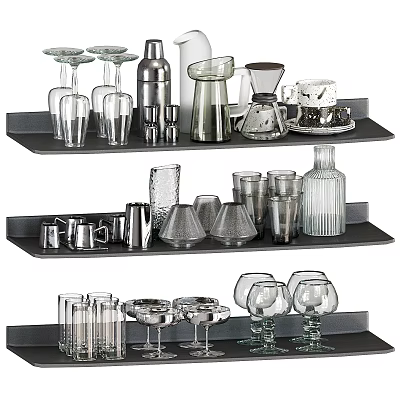 Modern Glass Tableware Set with Cups Bottles Goblets and Jars on Display Shelves 3d model