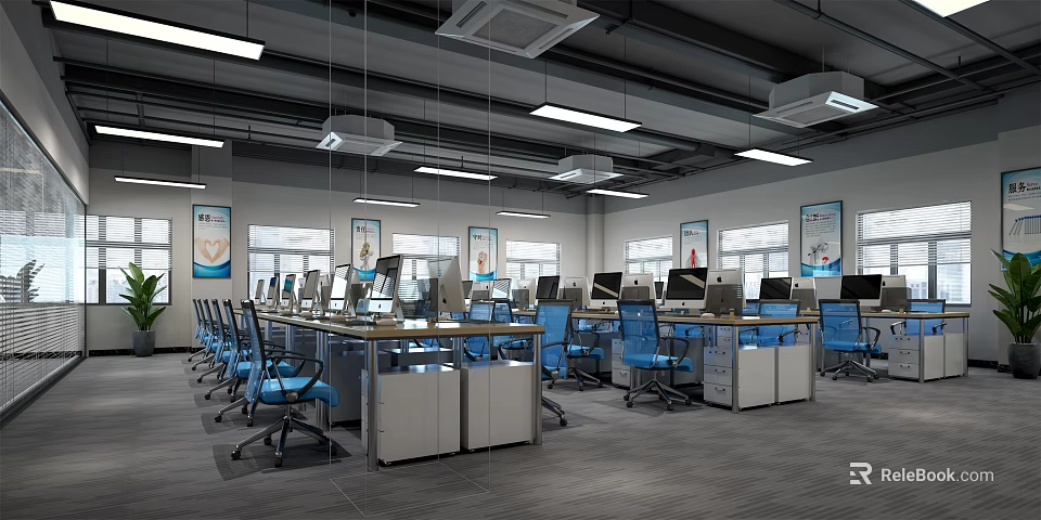 Open Public Office Space With White Desks Blue Chairs Multiple Computers And Windows 3d model 