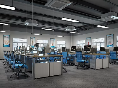 Open Public Office Space With White Desks Blue Chairs Multiple Computers And Windows 3d model