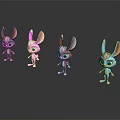 Cartoon Rabbit Characters Four Different Colored Standing On Black Background With Reflections 3d model