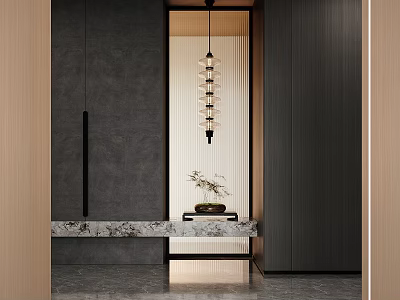 Modern Foyer Hallway Interior With Hanging Pendant Light Marble Console And Decorative Plant 3d model