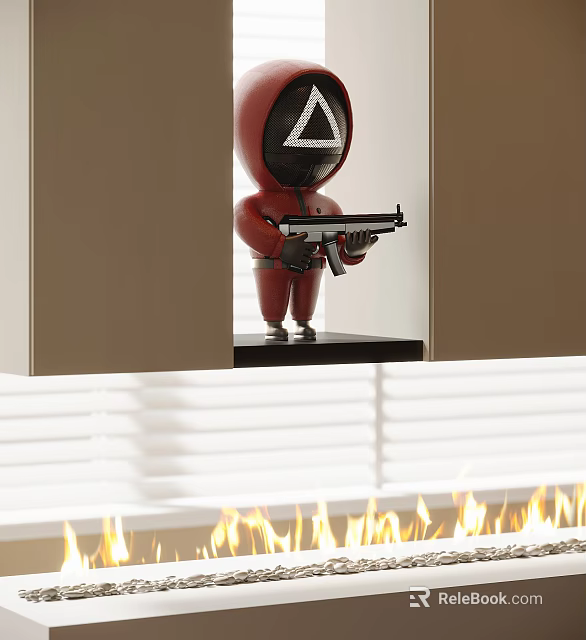 Fireplace With Flames And Red Figurine Decoration 3d model 