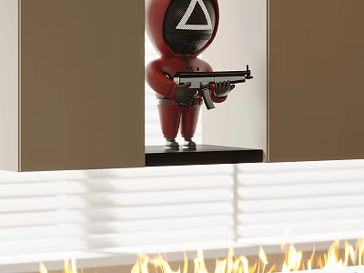 Fireplace With Flames And Red Figurine Decoration 3d model