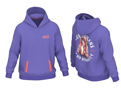 Purple Hoodie with Orange HEL Logo Side Pockets Back Graphic of HEEL HUNGRY TWO HUNDRED 3d model