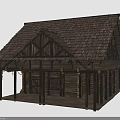 Traditional Rustic Wooden Building With Sloped Roof Porch And Wooden Columns