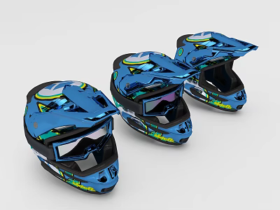 Three Stylish Blue Motocross Helmets With Visor And Vibrant Patterns 3d model