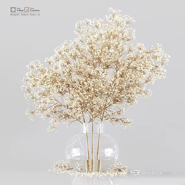 Decorative Ornament Set With Transparent Glass Vase And White Dried Flowers For Minimalist Home Decor 3d model 