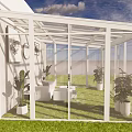 White Glass Enclosed Building With Green Grass Blue Sky And Indoor Plants Furniture
