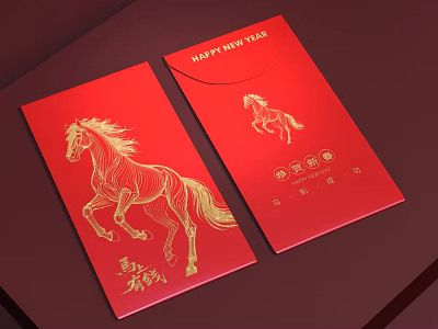 Red Daily Necessity Envelopes With Golden Horse Design And Happy New Year 3d model