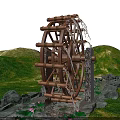 Wooden Waterwheel In Green Grass Field With Hills Stones And Lotus Flowers