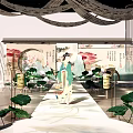 Floral Installation With Lotus Flowers Green Leaves And Traditional Figure In Chinese Garden