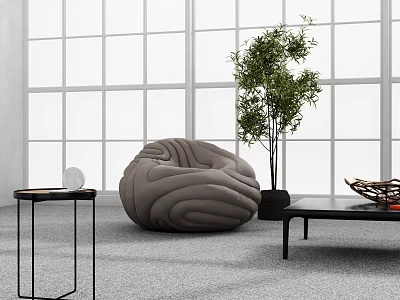 Soft Neutral Bean Bag Chair In Modern Living Room With Green Plant And Side Table 3d model