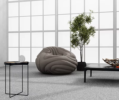 Soft Neutral Bean Bag Chair In Modern Living Room With Green Plant And Side Table 3d model