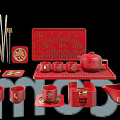 Traditional Red Tea Table Set With Carved Tray Cups And Teapot