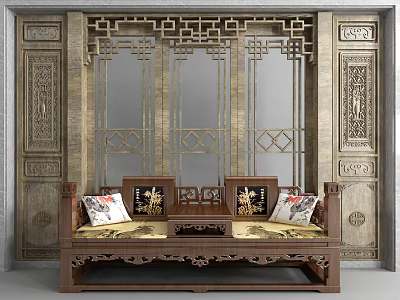 Traditional Chinese Luohan Bed With Wooden Carved Screen And Decorative Cushions 3d model