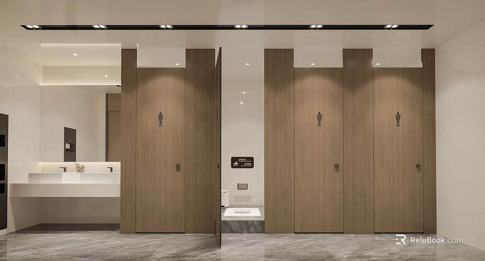 Public Restroom Interior Design With Wooden Stalls Sink Area And Tidy Layout 3d model 