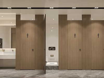 Public Restroom Interior Design With Wooden Stalls Sink Area And Tidy Layout 3d model
