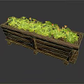 Wooden Long Planter Box With Legs Featuring Green Plants Red and Yellow Flowers