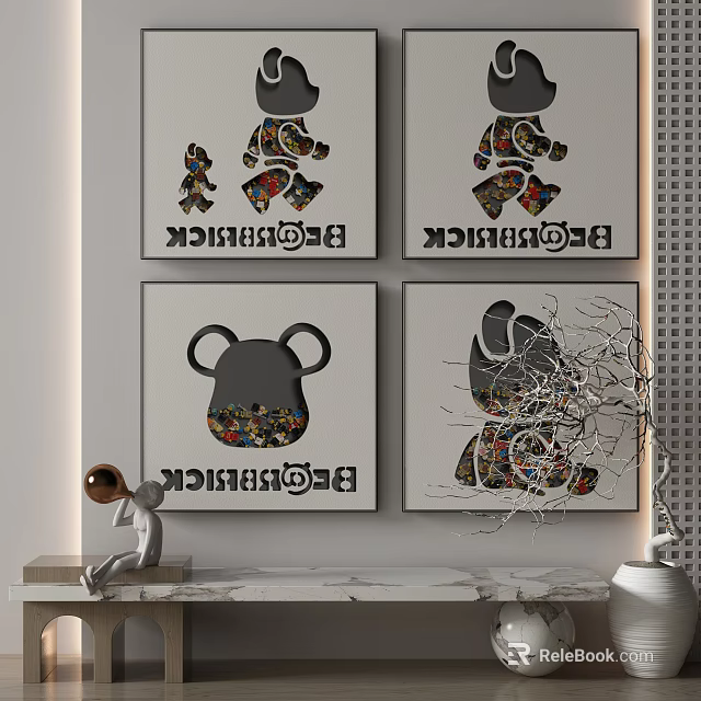 BE@RBRICK Decorative Paintings With Cartoon Bear Design On White Wall And Marble Table 3d model