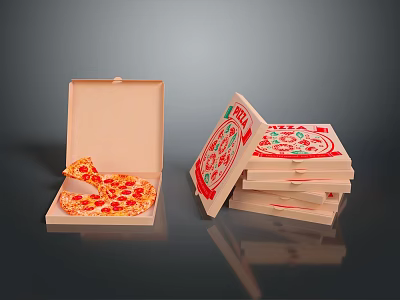 Open Cardboard Pizza Box With Sliced Pizza And Stacked Delivery Containers 3d model