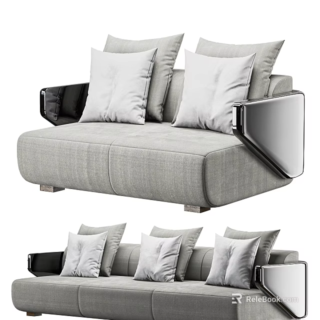 Modern Gray Fabric Double Sofa With Plush Pillows And Metal Armrests 3d model