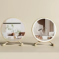 Round Decorative Mirrors With Wooden Stand Base Reflecting Modern Interior Scenes