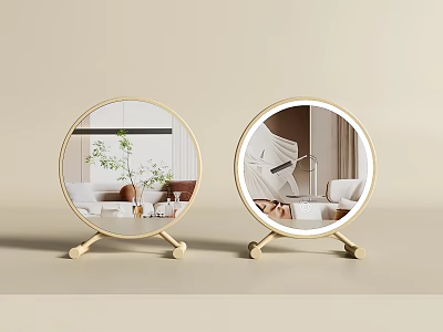 Round Decorative Mirrors With Wooden Stand Base Reflecting Modern Interior Scenes 3d model