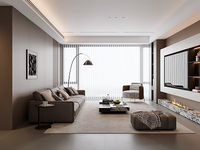 Modern Living Room Interior With Gray Sofa Accent Chair Floor Lamp TV Wall And Fireplace 3d model