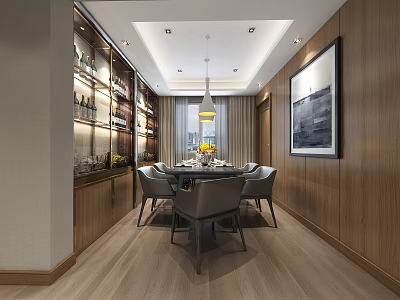 Elegant Restaurant Interior With Wooden Walls Dining Table Chairs Wine Rack And Chandelier 3d model