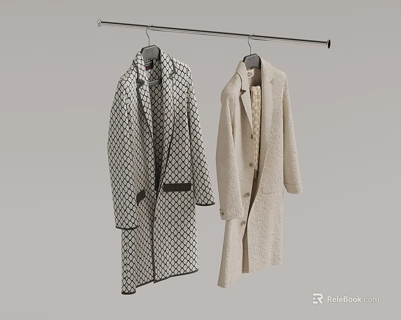 Two Coats Hanging on Hanger Black White Checkered Long and Beige Mid Length Grey Background 3d model 