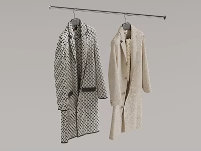 Two Coats Hanging on Hanger Black White Checkered Long and Beige Mid Length Grey Background 3d model
