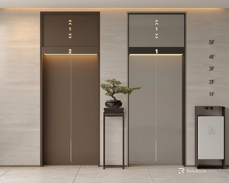 Modern Luxury Elevator Hall With Double Elevators Marble Walls And Potted Plant Decoration 3d model 