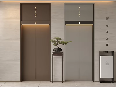 Modern Luxury Elevator Hall With Double Elevators Marble Walls And Potted Plant Decoration 3d model