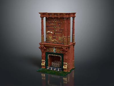 Ornate Carved Fireplace With Red And Gold Design Green Base And Decorative Columns 3d model