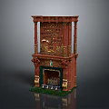 Ornate Carved Fireplace With Red And Gold Design Green Base And Decorative Columns