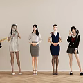 Women in Different Outfits Standing Posing Playing Guitar Drinking Indoor White Wall Wooden Floor