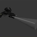 Black Tactical Gun With Attachments And Laser Beam On Grey Background