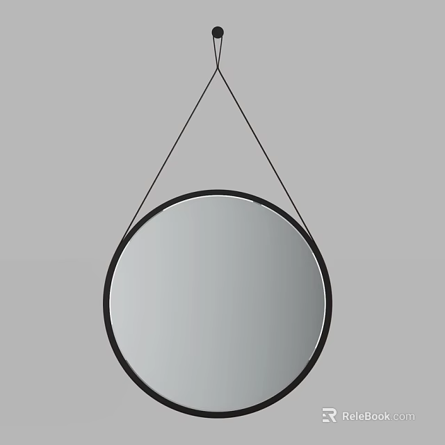 Circular Mirror With Black Frame Hanging By Black Rope Against Gray Background 3d model 