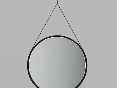Circular Mirror With Black Frame Hanging By Black Rope Against Gray Background 3d model