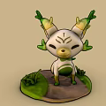 Cute White Green Creature with Leafy Ears and Tail Standing on Grass Covered Base