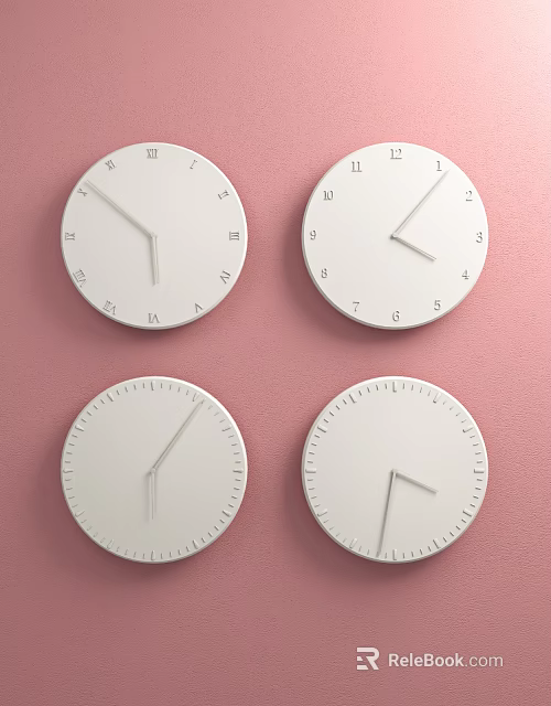 Four White Wall Clocks With Different Designs On Pink Wall 3d model 