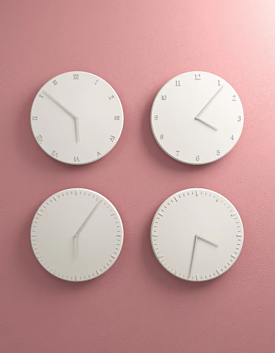 Four White Wall Clocks With Different Designs On Pink Wall 3d model Four White Wall Clocks With Different Designs On Pink Wall 3d model