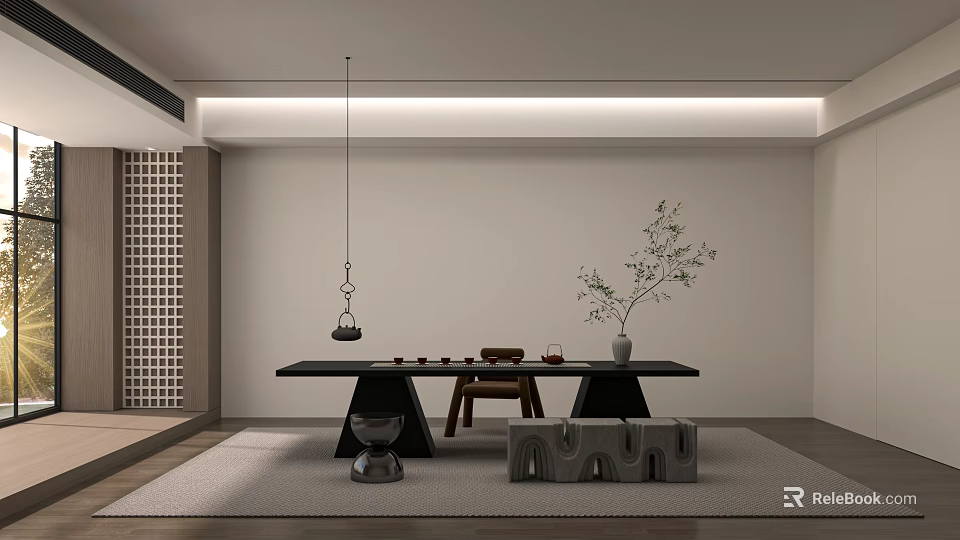 Modern Tea Table and Chairs with Pendant Light and Potted Plant on Carpet 3d model 