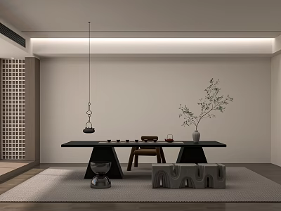 Modern Tea Table and Chairs with Pendant Light and Potted Plant on Carpet 3d model