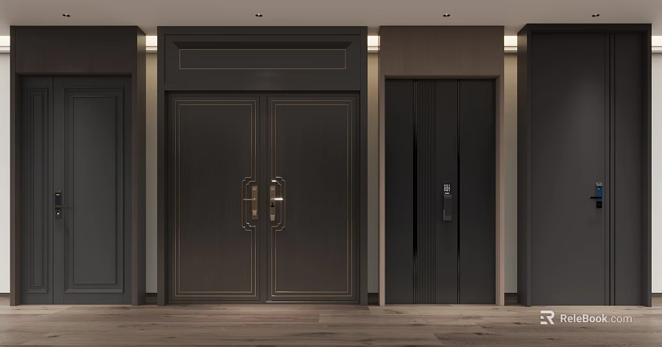 Elegant Dark Double Doors With Brass Handles In Modern Interior Design 3d model