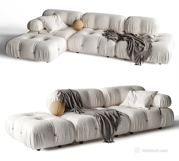 White Puffed Sectional Sofa Set with Cozy Throw Blanket Decorative Pillows and Round Cushion 3d model 