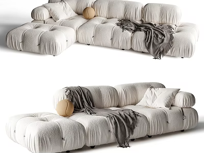 White Puffed Sectional Sofa Set with Cozy Throw Blanket Decorative Pillows and Round Cushion 3d model