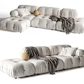 White Puffed Sectional Sofa Set with Cozy Throw Blanket Decorative Pillows and Round Cushion