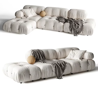 White Puffed Sectional Sofa Set with Cozy Throw Blanket Decorative Pillows and Round Cushion 3d model